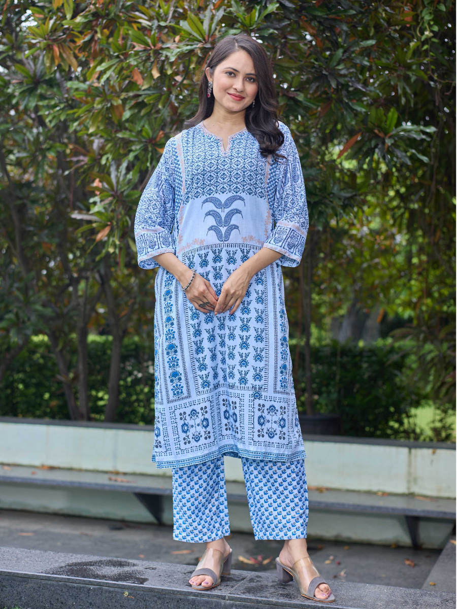 Kaaya Indigo Harmony Printed Crape Kurta Set – Kaaya Collection (L–4XL)